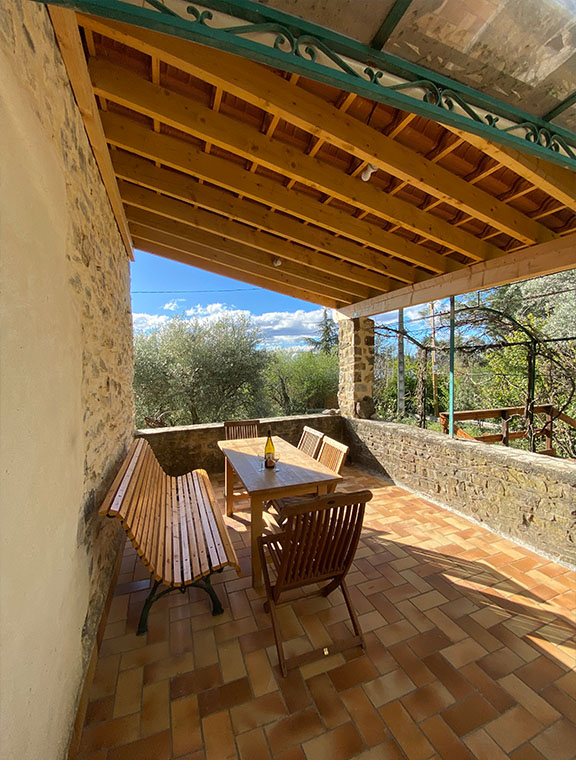 Überdachte Terrasse mit Esstisch